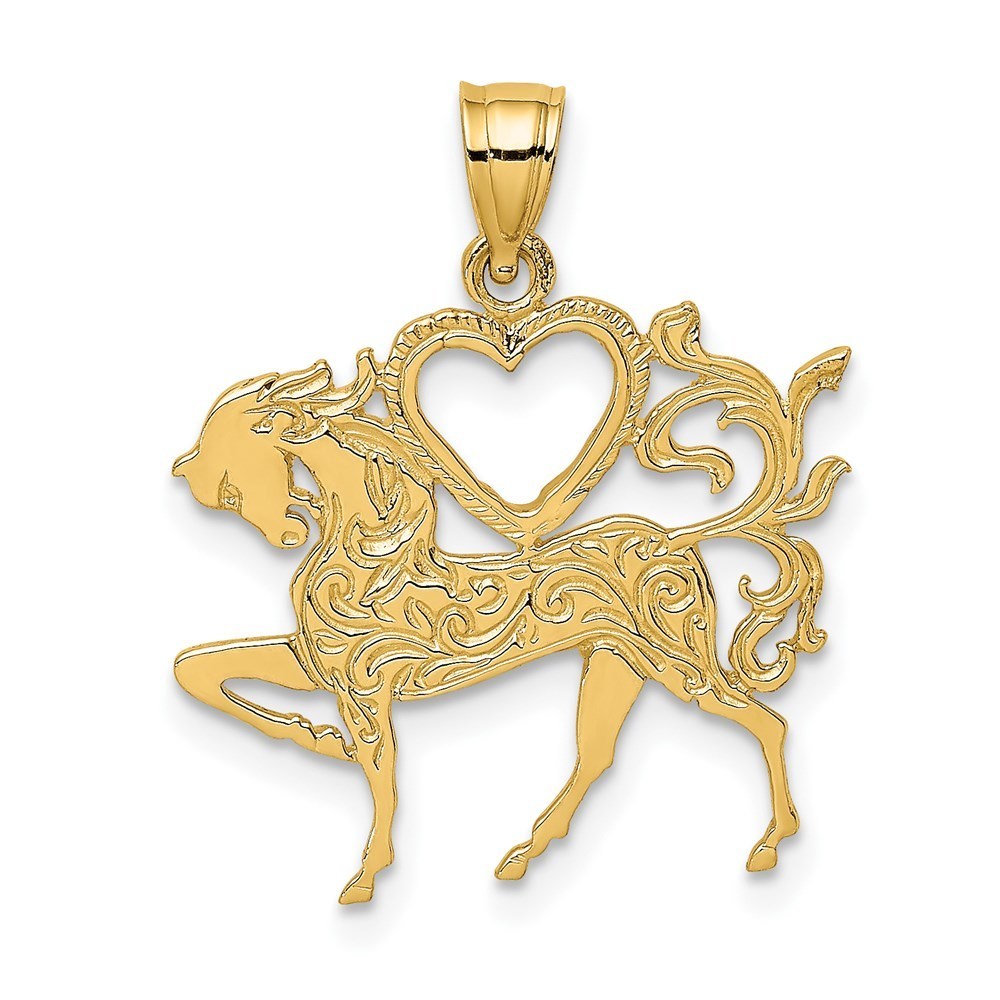 14k Yellow Gold Textured Heart And Equestrian Horse Necklace Charm Pendant